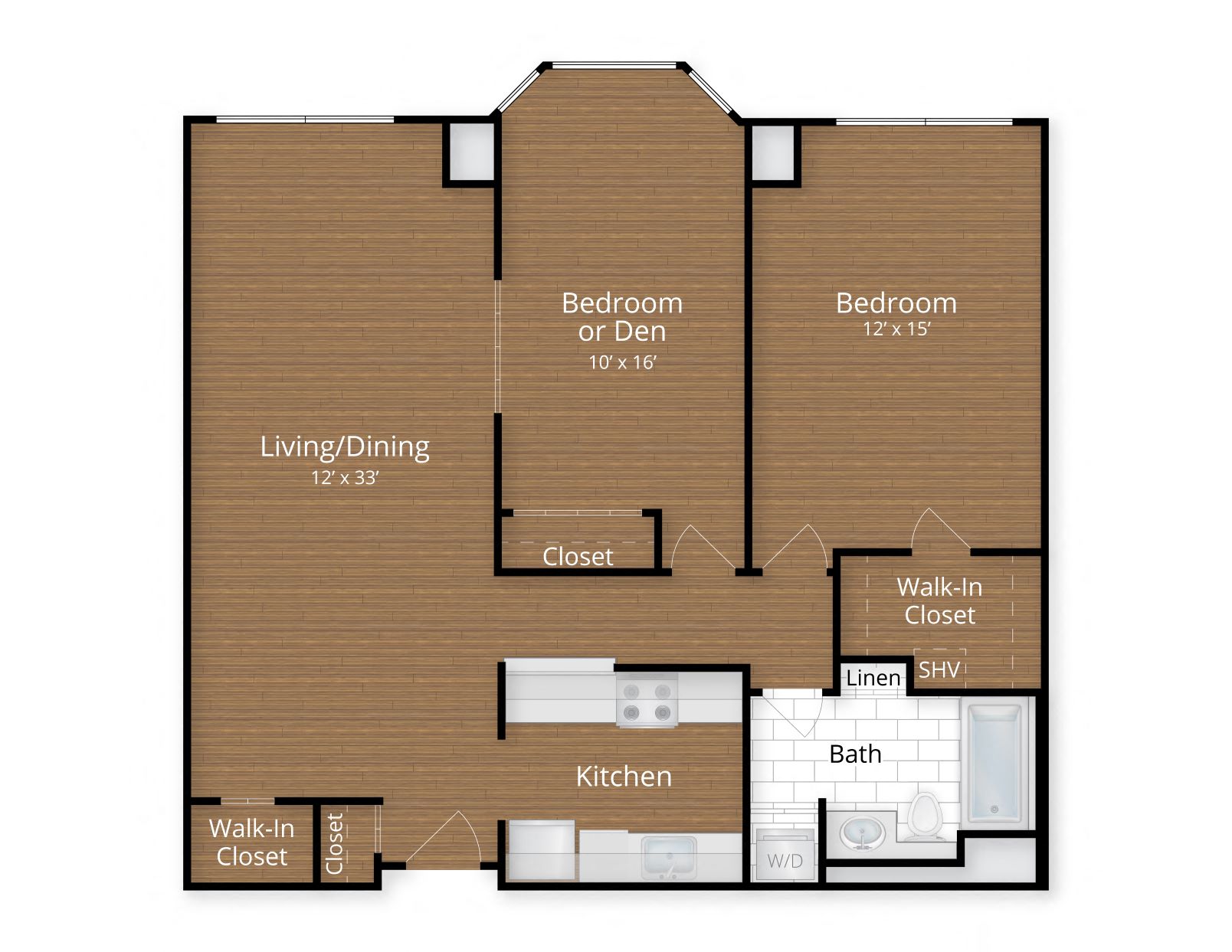 Floor plan for 1 bed, 1 bath, 984 sqft